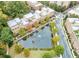 Stunning aerial view of townhomes surrounding a serene pond with a fountain and lush greenery, creating a peaceful community at 200 River Vista Dr # 436, Atlanta, GA 30339