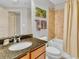 Bathroom features granite countertops, vanity storage and shower with tile surround at 200 River Vista Dr # 436, Atlanta, GA 30339