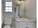 Bathroom with a sleek vanity, modern lighting, and a convenient window view at 64 Dogwood Rdg, Hampton, GA 30228
