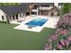 An aerial view shows a sparkling pool with a built-in hot tub and a fire pit at 250 Mayfield Rd, Alpharetta, GA 30009