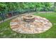 Circular stone fire pit in the backyard features a stone surround and a manicured lawn at 3348 Perrington Pointe, Marietta, GA 30066