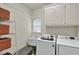 Functional laundry room with a sink, washer, dryer, storage shelves and white cabinets at 9900 Hunt Club Way, Johns Creek, GA 30022