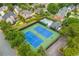 Aerial view showcasing community tennis court, swimming pool, and surrounding homes at 725 Eider Down Ct, Alpharetta, GA 30022