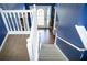 Inviting foyer featuring a staircase with white railings, hardwood floors, and a view of the front door at 4041 Smithfield Trl, Ellenwood, GA 30294