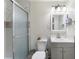 Well-lit bathroom featuring a modern sink, mirror, and a frosted glass shower at 4070 Lauada Dr, Douglasville, GA 30135