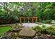 Peaceful backyard with a small pond, stone bridge, pergola, and lush greenery at 5120 Jett Forest Trl, Atlanta, GA 30327