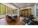 Modern dining room with hardwood floors, large windows, and designer lighting with view of backyard at 5120 Jett Forest Trl, Atlanta, GA 30327