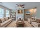 Inviting living room with fireplace, ceiling fan, and a cozy seating arrangement at 589 Arbor Ridge Dr, Stone Mountain, GA 30087