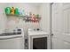 Well-equipped laundry room with a washer, dryer, storage shelf, and white door at 3800 Market Walk, Clarkston, GA 30021