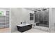 Bathroom featuring a modern tub, walk-in shower with black hardware, and ample shelving in walk-in closet at 293 Ormond Se St, Atlanta, GA 30315
