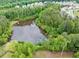An aerial shot of a large pond surrounded by dense trees, with rooftops of homes visible in the distance at 5075 Briarstone Ridge Way, Alpharetta, GA 30022