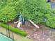 An aerial view of a playground featuring slides and swingsets, surrounded by lush greenery and fencing at 5075 Briarstone Ridge Way, Alpharetta, GA 30022