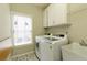 Bright laundry room with patterned tile flooring, new washer and dryer, utility sink, and ample storage at 6185 Deerwoods Trl, Alpharetta, GA 30005