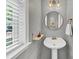 Stylish half bathroom with pedestal sink and updated fixtures at 338 Santa Anita Ave, Woodstock, GA 30189