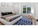 Bedroom features a modern blue rug and view of the wooded outdoors at 507 Karen Ln, Woodstock, GA 30188