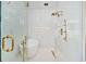 Bathroom featuring a glass shower, free-standing tub, and gold hardware at 507 Karen Ln, Woodstock, GA 30188