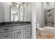 Modern bathroom with gray vanity cabinet, granite countertop, black hardware, and gray brick shower at 1101 N Flat Rock Rd, Douglasville, GA 30134