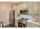 View of the kitchen with stainless steel appliances and marble backsplash at 660 Delbridge Nw St, Atlanta, GA 30314