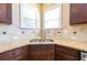 Kitchen sink with granite countertops, dark wood cabinets, and tile backsplash at 335 Roberts Run Cv, Suwanee, GA 30024