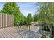 Relaxing outdoor deck with wood flooring, metal railings, and views of lush green trees at 2020 Jardin Ct, Alpharetta, GA 30022