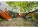 Backyard featuring stone patio, wooden deck, and mature trees at 615 Sycamore Dr, Decatur, GA 30030
