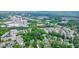 Aerial view of homes and businesses surrounded by lush greenery in a suburban setting at 3689 Spring Hill Se Rd, Smyrna, GA 30080