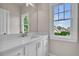 Bathroom featuring a white vanity with stone countertops and a window with a view of the neighborhood at 7235 Cordery Rd, Cumming, GA 30040