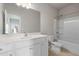 Bathroom features vanity, large mirror, and a combination tub and shower offering the best of both worlds at 4830 Frontier Dr, Cumming, GA 30028