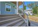 Inviting covered porch with staircase and railings, leading to the blue home's entrance at 632 Warren Ave, Scottdale, GA 30079