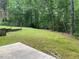 Lush green backyard featuring mature trees and a concrete patio area at 2257 Rocksram Ct, Buford, GA 30519