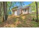 A backyard with mature trees, landscaping, and a partial view of the back of the house at 5379 Winslow Xing, Lithonia, GA 30038