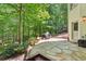 Stone patio area with lush green landscaping and outdoor seating with wooded backdrop at 4050 Arrow Head Trl, Cumming, GA 30041