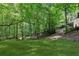 Spacious grassy backyard with mature trees and a fire pit at 4050 Arrow Head Trl, Cumming, GA 30041