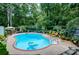 Backyard pool surrounded by lush greenery, lounge chairs, and an umbrella at 2910 Edwards Ct, Marietta, GA 30068