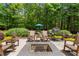 Beautiful backyard patio with a fire pit, pizza oven and outdoor seating amid lush landscaping and mature trees at 12815 Oak Falls Dr, Alpharetta, GA 30009