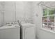 Well-equipped laundry room with modern appliances, wire shelving, and a window with a view to the backyard patio at 6131 Windflower Dr, Powder Springs, GA 30127