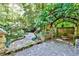 Secluded garden retreat featuring stone walkways, lush greenery, and a charming pergola-covered seating area at 15 Cherokee Nw Rd, Atlanta, GA 30305