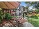 Inviting backyard featuring a stone patio with wooden table set and overhead umbrella, ideal for relaxation at 26 Clarendon Ave, Avondale Estates, GA 30002