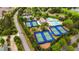 Community aerial view featuring tennis courts, a pool, clubhouse, and lush greenery at 6020 Ettington Dr, Suwanee, GA 30024