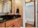 Stylish powder room featuring granite counters and a vessel sink with elegant fixtures at 6020 Ettington Dr, Suwanee, GA 30024