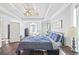 Bright main bedroom featuring a trey ceiling with fan and a view of the front yard at 115 Stonewall Dr, Covington, GA 30016