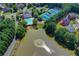 An aerial view displays the community pool, tennis courts, pond, and well-maintained landscaping at 1875 Briergate Dr, Duluth, GA 30097