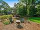 Cozy backyard retreat with a fire pit surrounded by Adirondack chairs, perfect for evening gatherings and relaxation at 4643 River Ct, Peachtree Corners, GA 30097