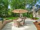 Beautifully landscaped backyard featuring a patio with a dining set and an outdoor fireplace, ideal for gatherings at 4643 River Ct, Peachtree Corners, GA 30097