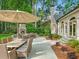 Outdoor living area featuring a patio with a dining set and an outdoor fireplace, perfect for relaxation at 4643 River Ct, Peachtree Corners, GA 30097