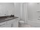Well-lit bathroom featuring a white vanity with dark countertop and a combined tub and shower at 3610 Burnt Bridge Rd, Cumming, GA 30028
