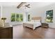 Spacious main bedroom with vaulted ceiling, ceiling fan and large windows showcasing the serene outdoor view at 3610 Burnt Bridge Rd, Cumming, GA 30028