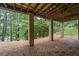 Spacious, covered backyard patio showing brick support columns with a natural view at 5293 Aldeburgh Dr, Suwanee, GA 30024