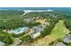 Aerial view showcases the luxurious community pool with mature trees and lush landscaping at 301 Downing Creek Trl, Canton, GA 30114
