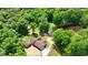 Stunning aerial view showcasing the property with a private pond, mature trees, and surrounding greenery at 3340 Zingara Rd, Conyers, GA 30012
